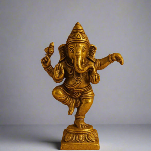 Bronze statue of a deity on a brown background with text about solid brass.